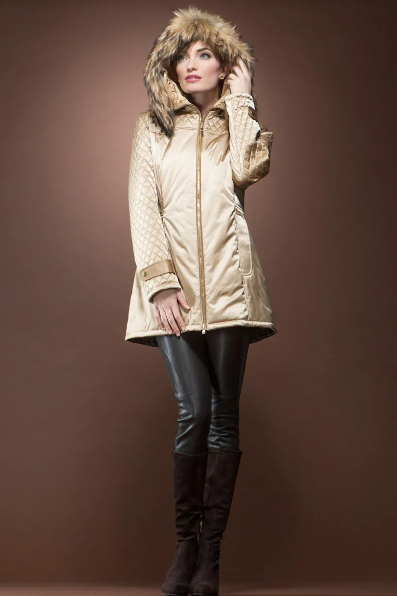 Gold 'Els' Mid-Length Coat with Natural Finn Raccoon Trim