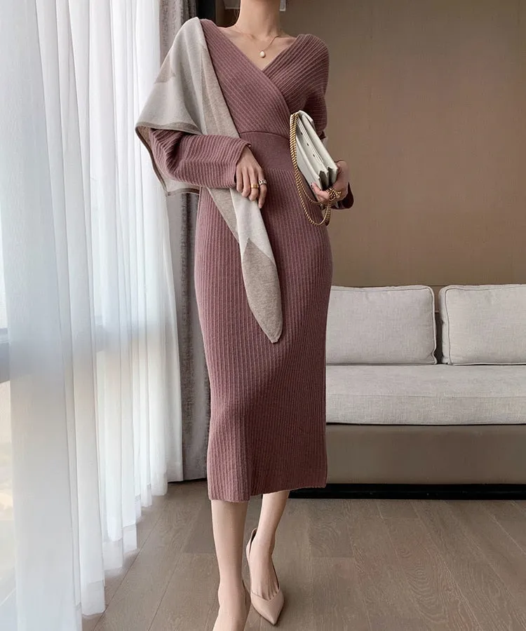 Graduation gift Women'S Autumn Winter Warm Sweater Dress 2022 New Fashion Sexy V-Neck Backless Wrap Hip Hanbok Vintage Temperament Knitted Dress