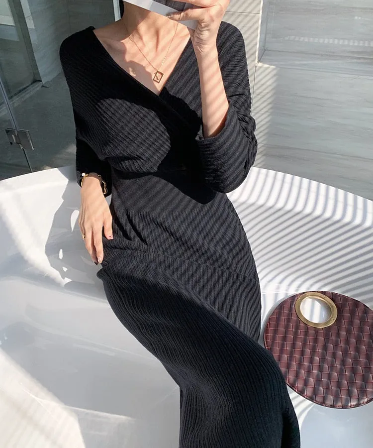 Graduation gift Women'S Autumn Winter Warm Sweater Dress 2022 New Fashion Sexy V-Neck Backless Wrap Hip Hanbok Vintage Temperament Knitted Dress