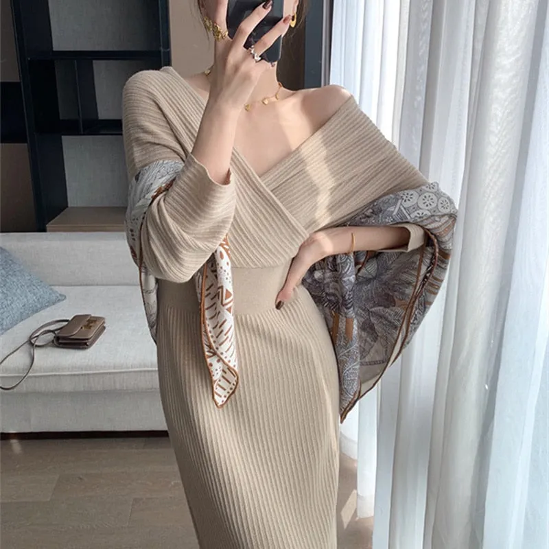 Graduation gift Women'S Autumn Winter Warm Sweater Dress 2022 New Fashion Sexy V-Neck Backless Wrap Hip Hanbok Vintage Temperament Knitted Dress