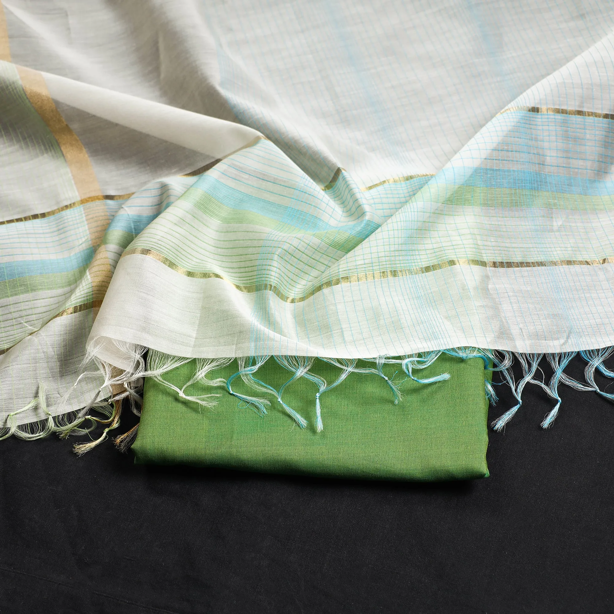 Green - Original Maheshwari Silk Pure Handloom 2pc Suit Material Set
