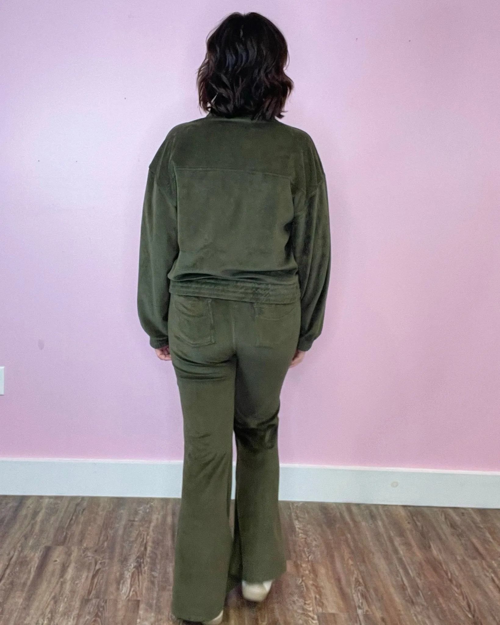 Happy Harvest Olive Corduroy Mock Neck Jacket And Pin Tuck Flare Pants