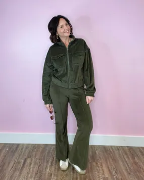 Happy Harvest Olive Corduroy Mock Neck Jacket And Pin Tuck Flare Pants