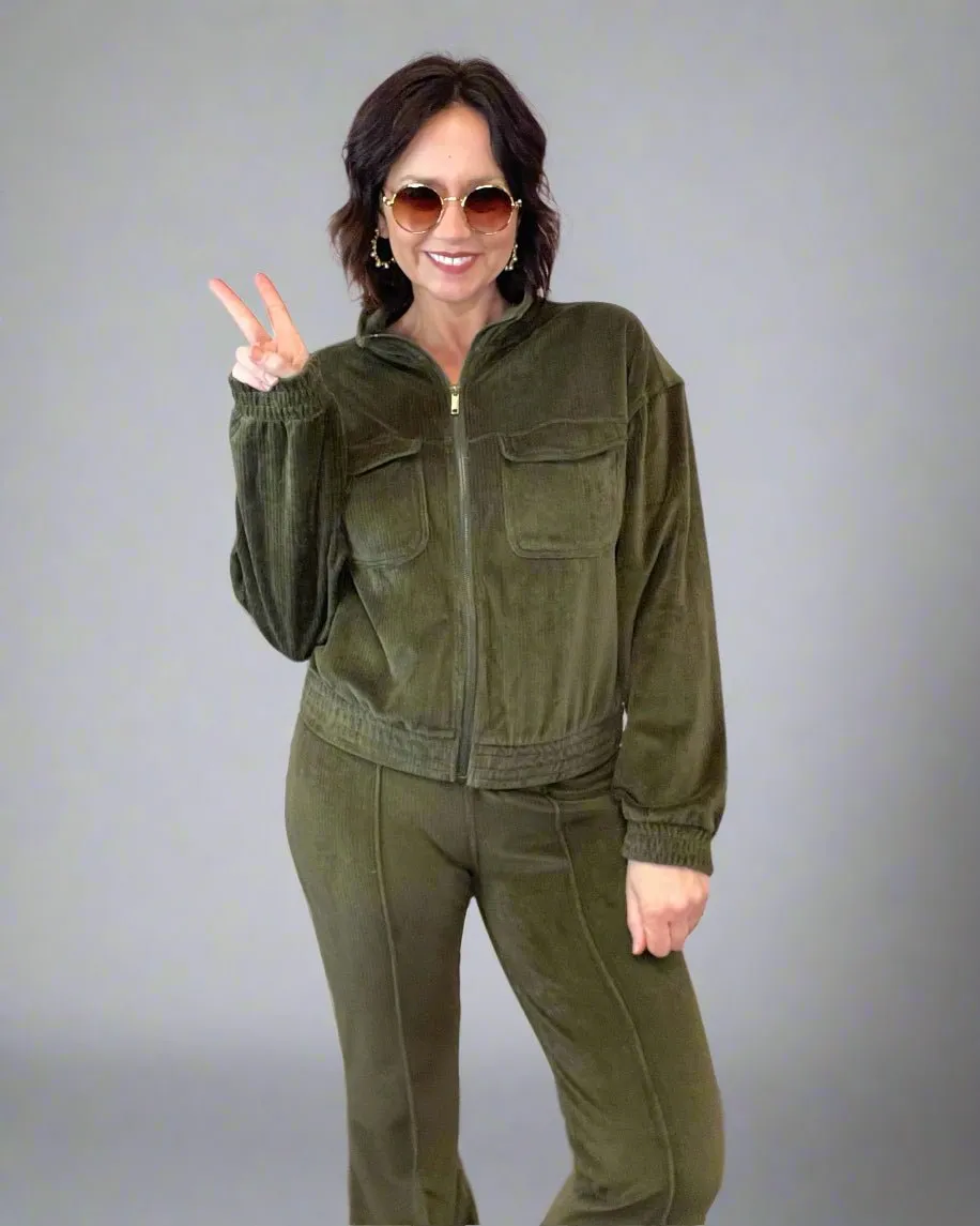 Happy Harvest Olive Corduroy Mock Neck Jacket And Pin Tuck Flare Pants