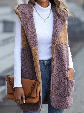 Hooded Sleeveless Color Block Pocket Buttonless Cardigan Puff Fleece Jacket