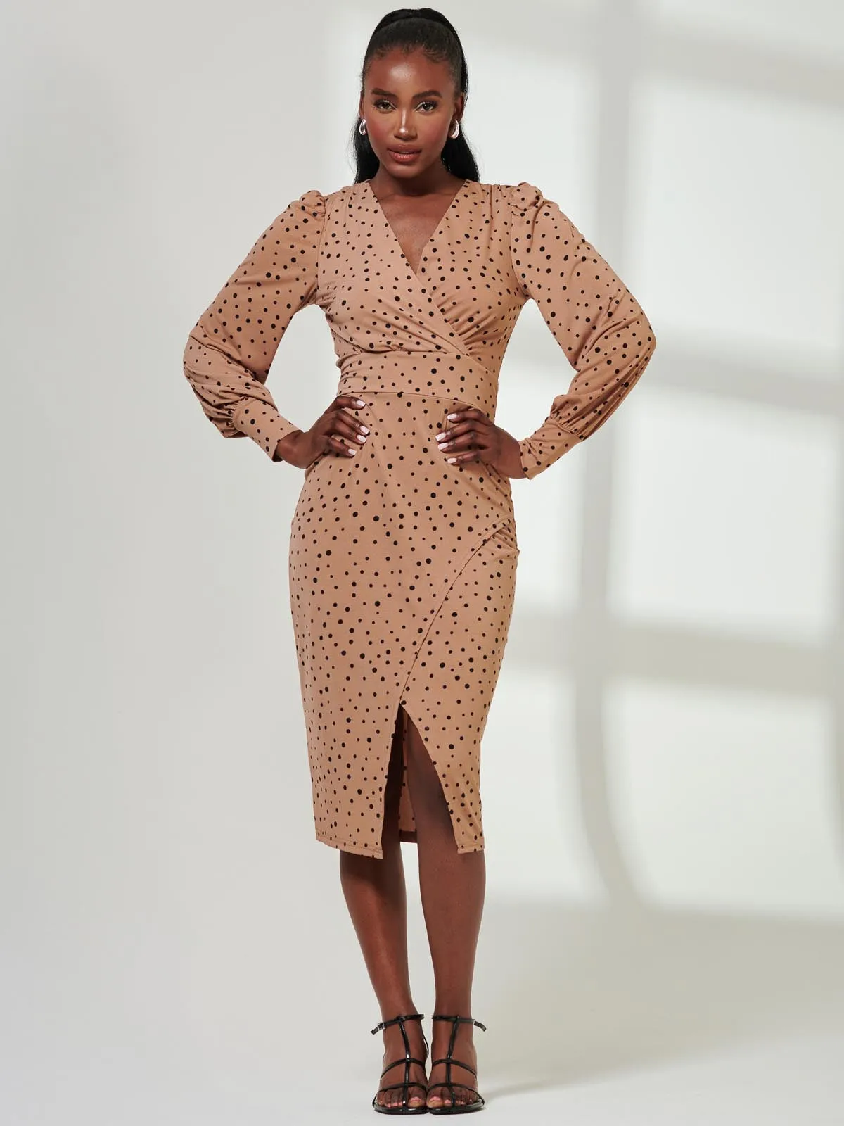 Jersey Wrap Slit Pencil Dress, Black Spot