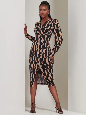 Jersey Wrap Slit Pencil Dress, Brown Pattern