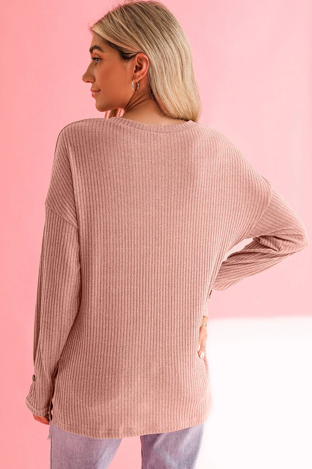 Khaki Drop Shoulder Ribbed Knit Long Sleeve Henley Top