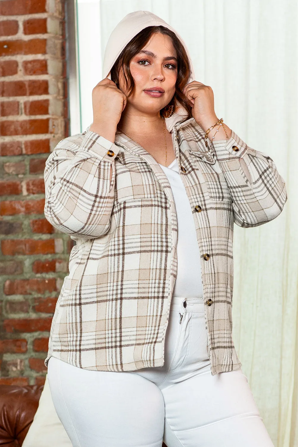 Khaki Printed Plus Size Plaid Print Contrast Hooded Shacket