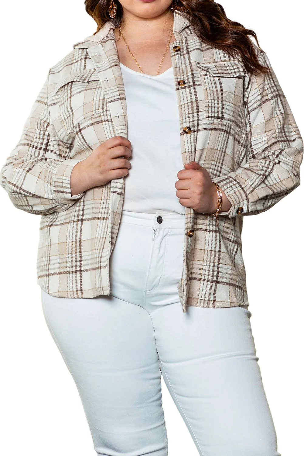 Khaki Printed Plus Size Plaid Print Contrast Hooded Shacket