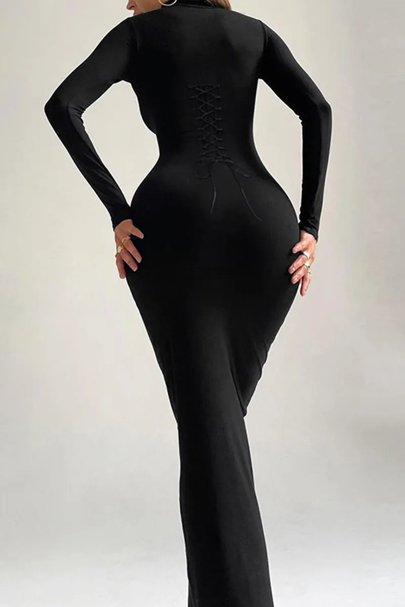 Lace Up Long Sleeve Maxi Bodycon Dress