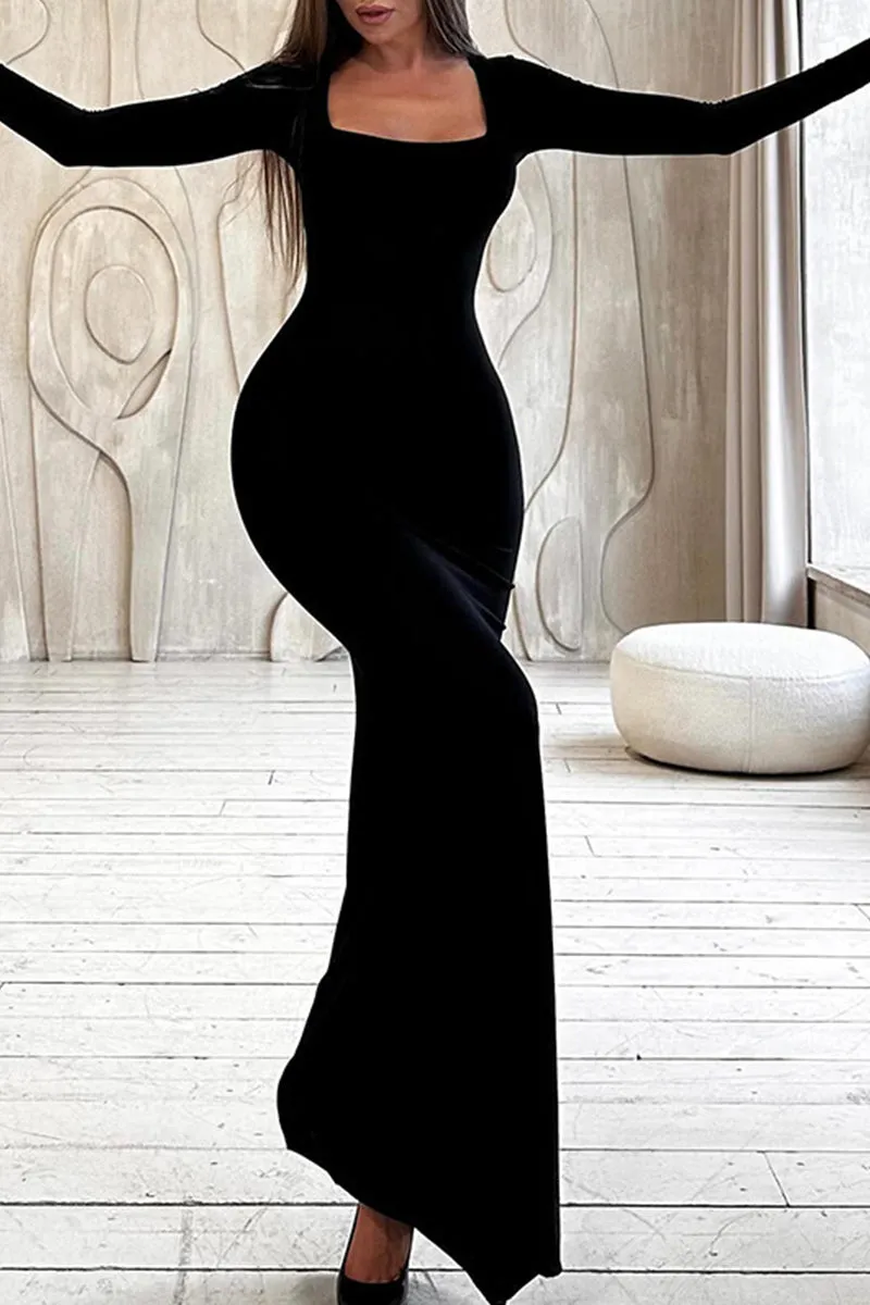 Lace Up Long Sleeve Maxi Bodycon Dress