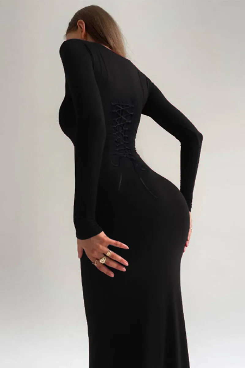 Lace Up Long Sleeve Maxi Bodycon Dress