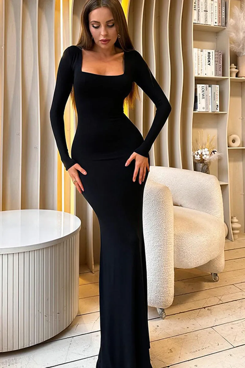 Lace Up Long Sleeve Maxi Bodycon Dress