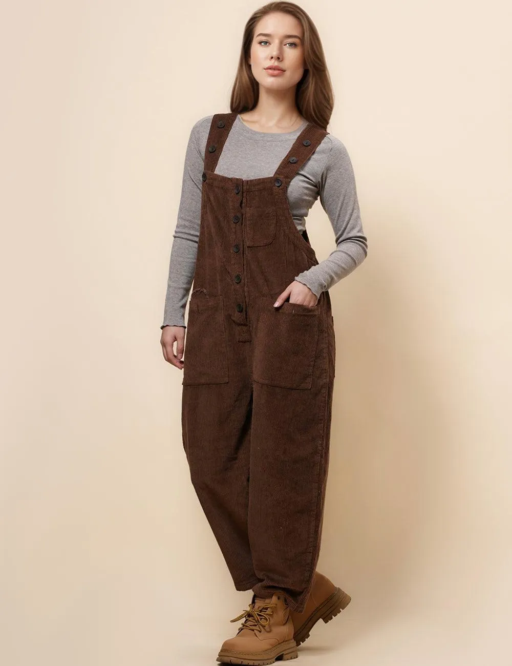 Ladies Pockets Corduroy Jumpsuit Strape Shoulder Overall SKJ4896