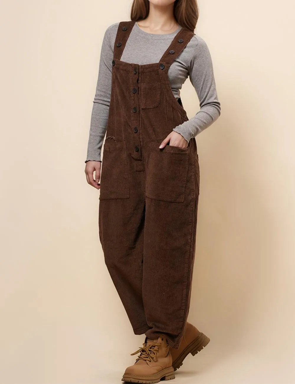 Ladies Pockets Corduroy Jumpsuit Strape Shoulder Overall SKJ4896