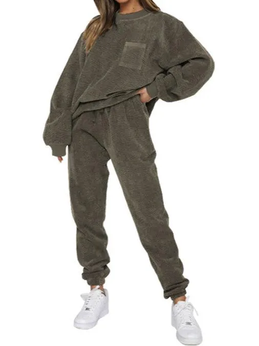 Ladies Solid Color Corduroy Pullover and Pants 2PCS Set SKST4711