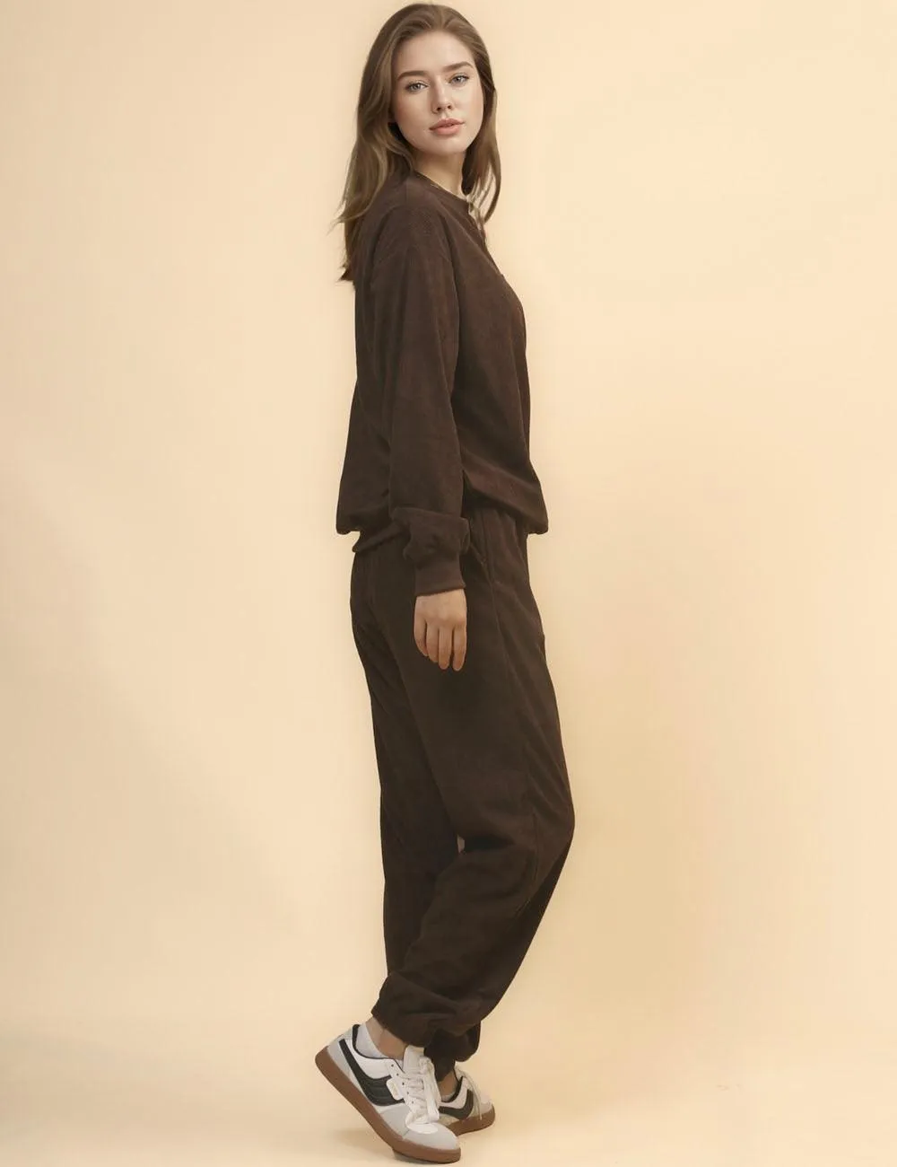 Ladies Solid Color Corduroy Pullover and Pants 2PCS Set SKST4711