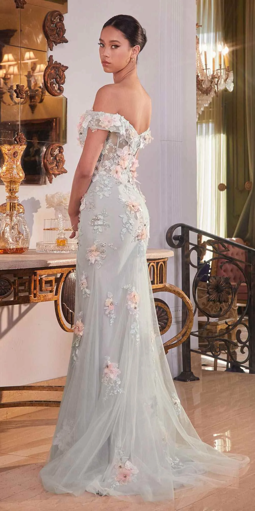 Ladivine CD005 Long Off the Shoulder Leg Slit Floral Applique Gown