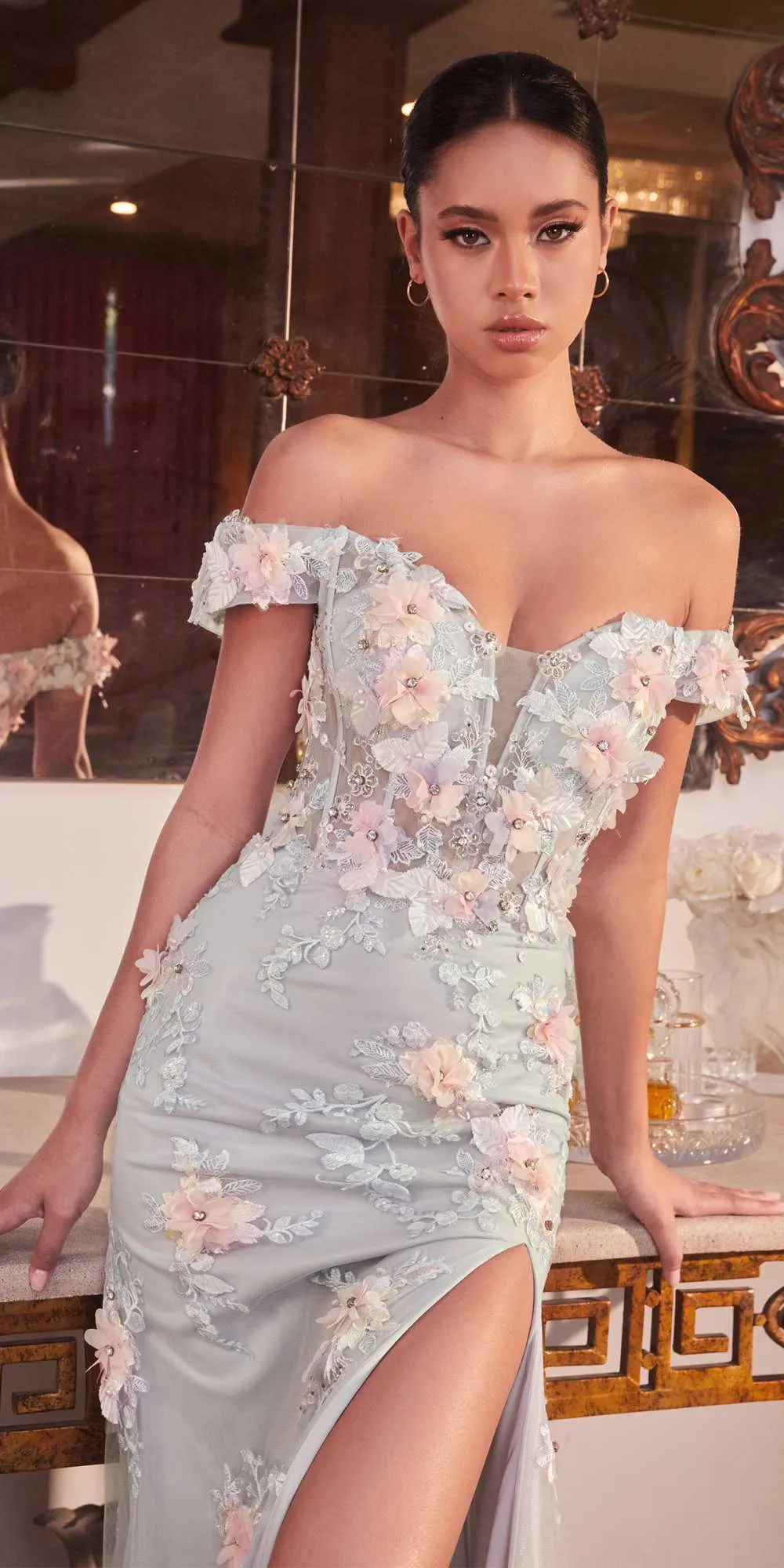 Ladivine CD005 Long Off the Shoulder Leg Slit Floral Applique Gown