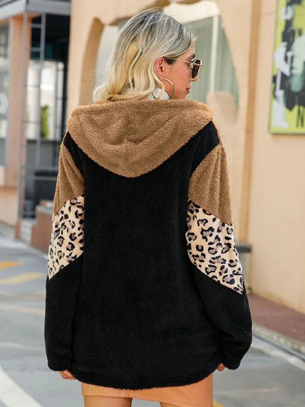 Leopard Print Zippered Colorblock Fleece Hooded Jacket