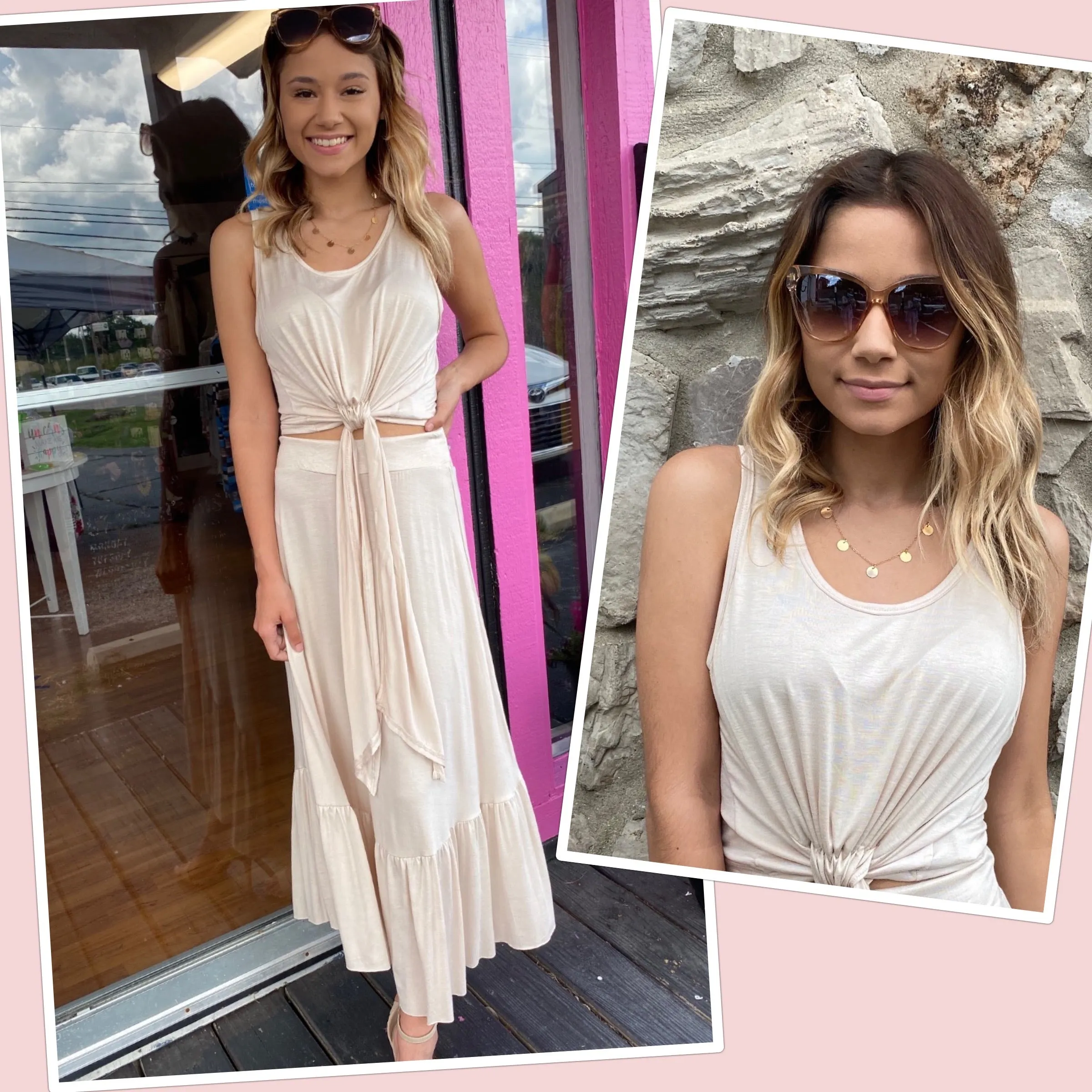 Light Beige 2pc Crop Top Maxi Skirt