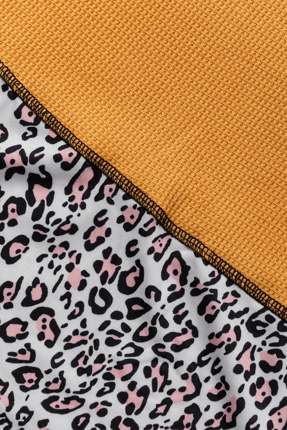 Light Pink Leopard Print Waffle Knit Patchwork Top