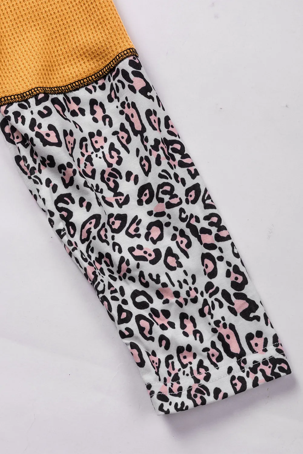Light Pink Leopard Print Waffle Knit Patchwork Top