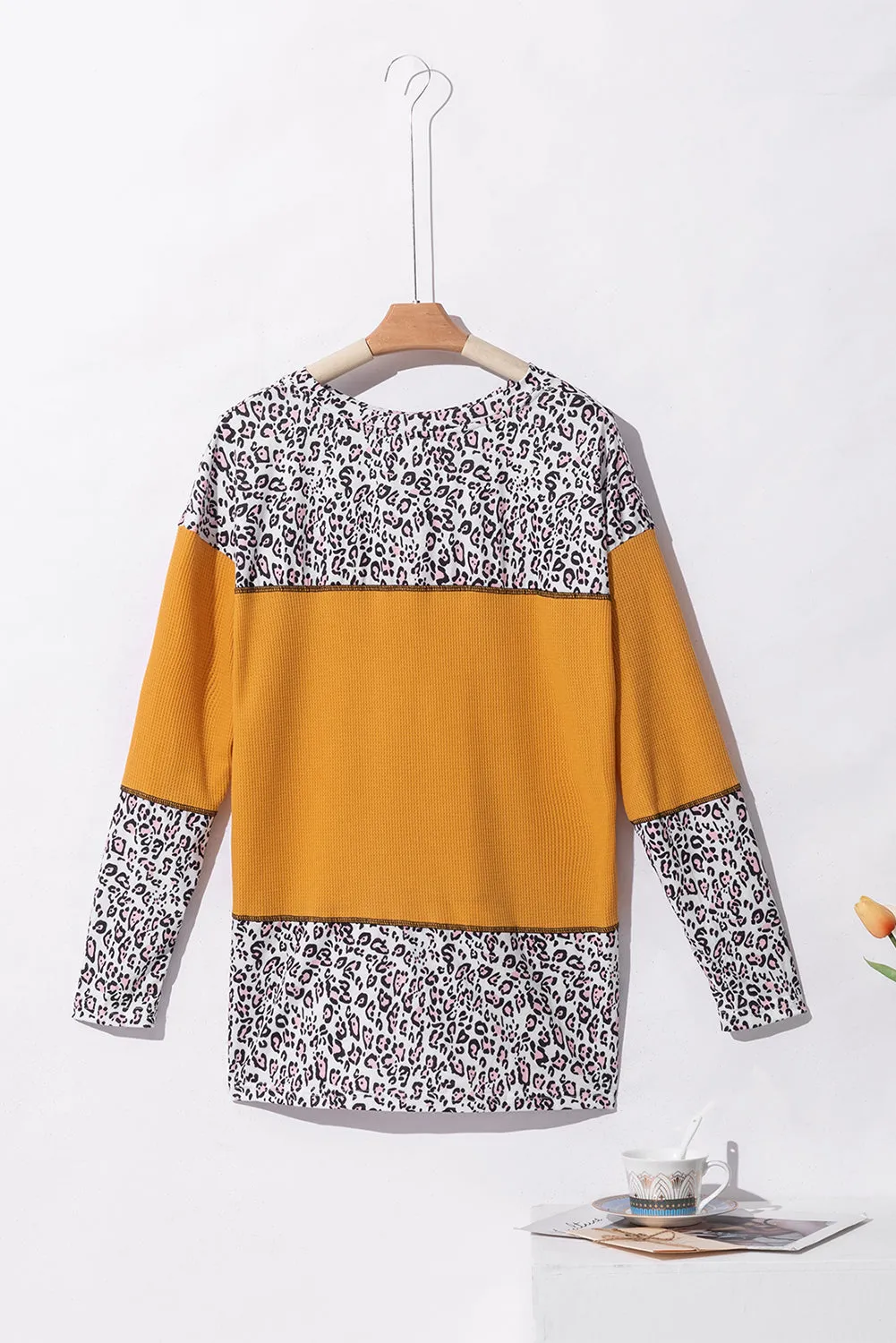 Light Pink Leopard Print Waffle Knit Patchwork Top