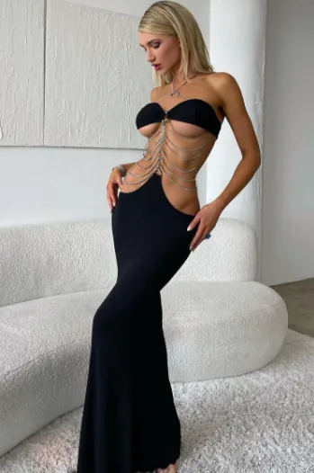 Long Black Halter Neck Chain Wrap Chest Cutout Dress