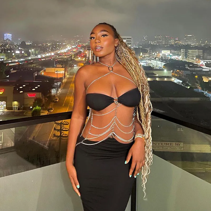 Long Black Halter Neck Chain Wrap Chest Cutout Dress