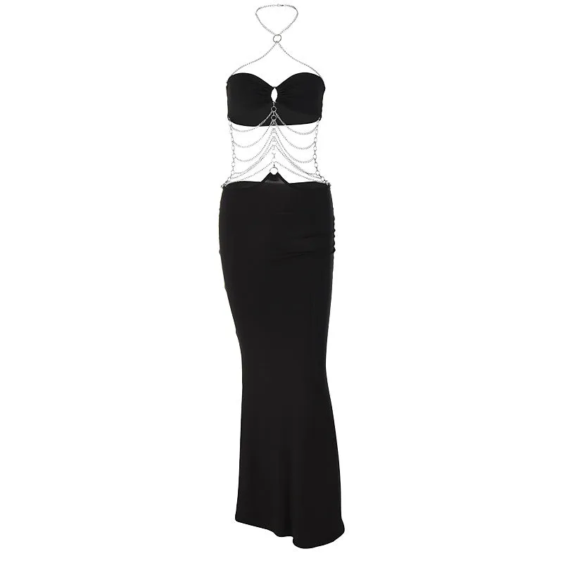 Long Black Halter Neck Chain Wrap Chest Cutout Dress