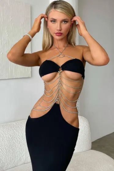 Long Black Halter Neck Chain Wrap Chest Cutout Dress