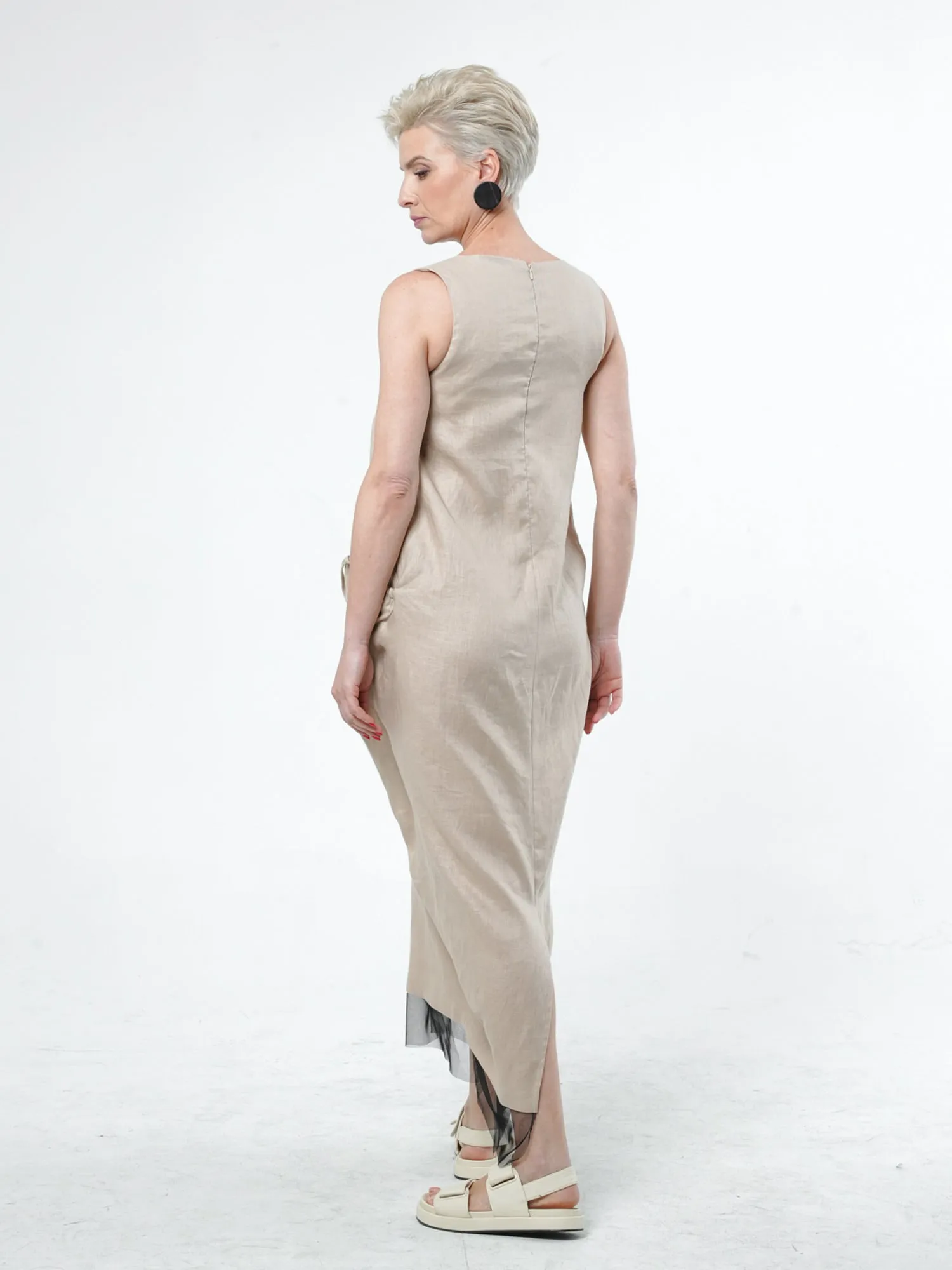 Long Linen Dress With Oversized Pockets In Beige