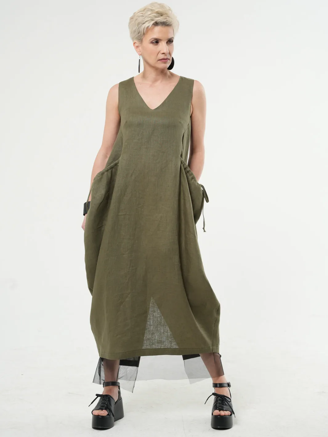 Long Linen Dress With Oversized Pockets In Beige