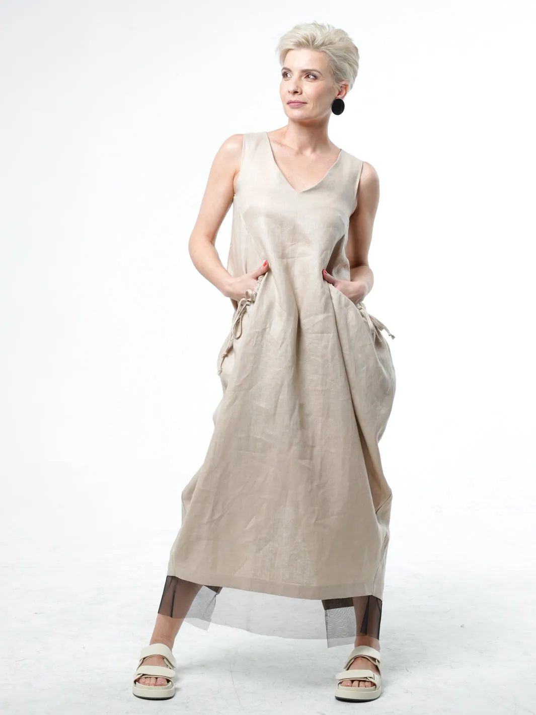 Long Linen Dress With Oversized Pockets In Beige