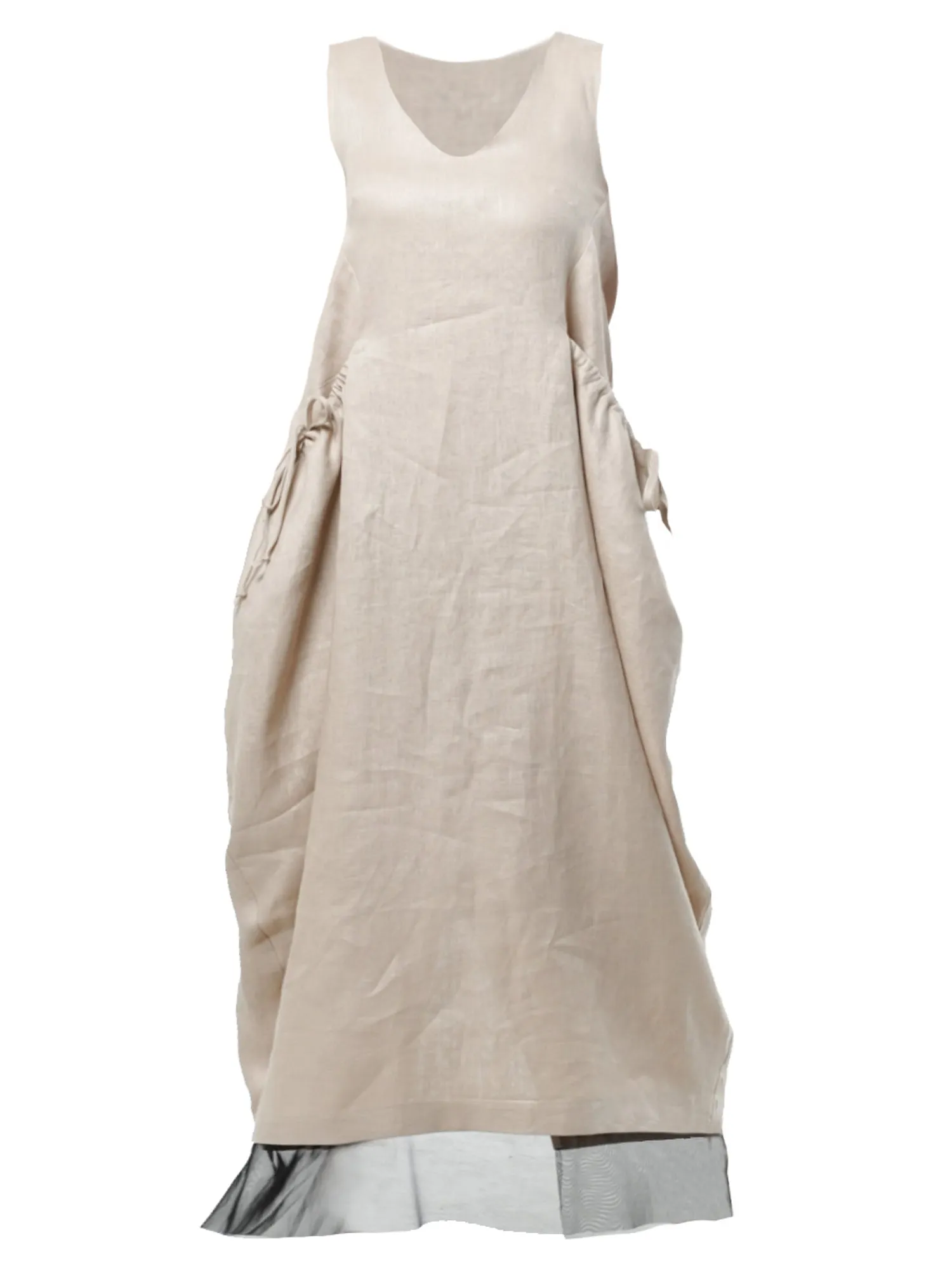 Long Linen Dress With Oversized Pockets In Beige