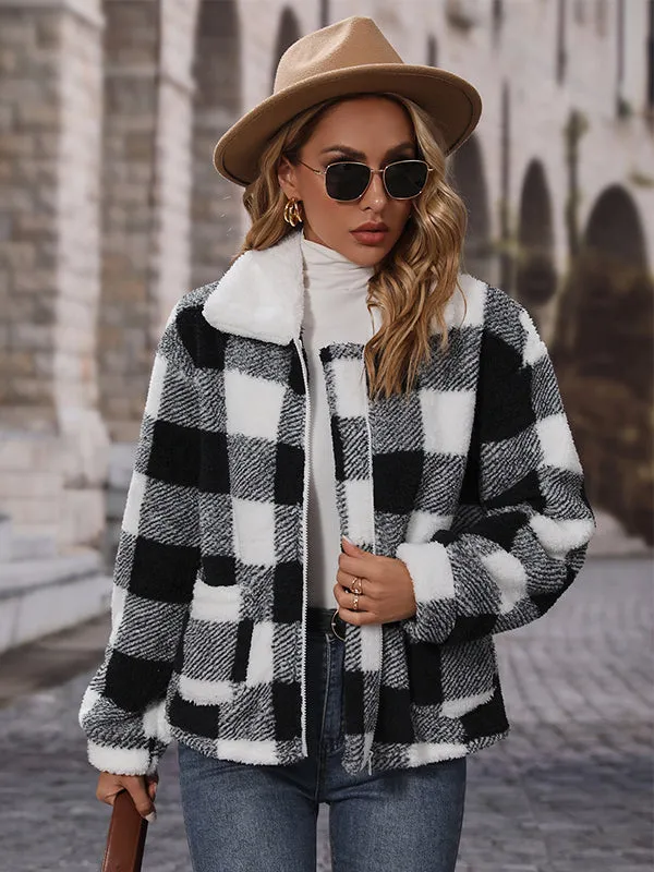 Long Sleeve Lapel Zipper Plaid Double Face Fleece Jacket