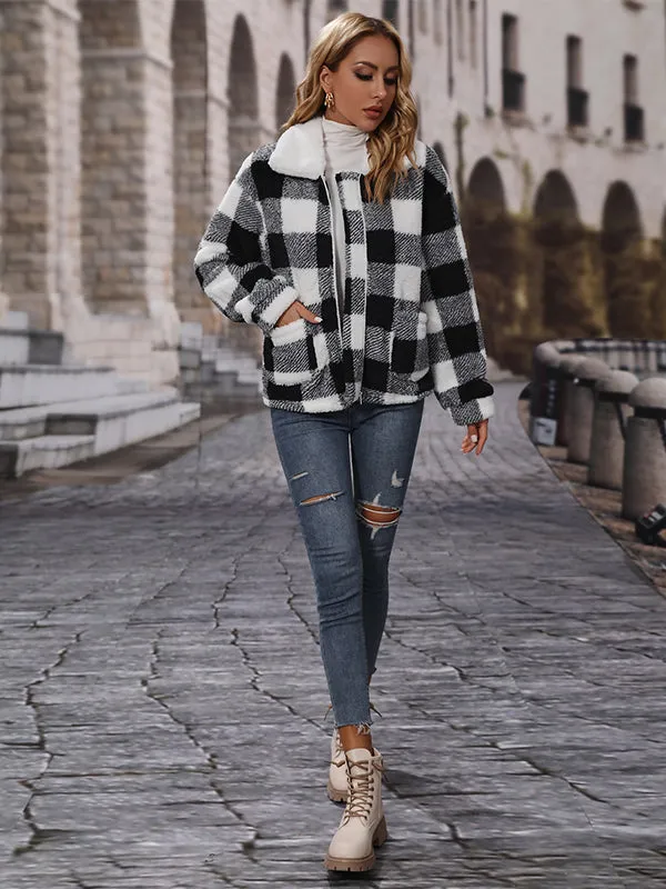 Long Sleeve Lapel Zipper Plaid Double Face Fleece Jacket