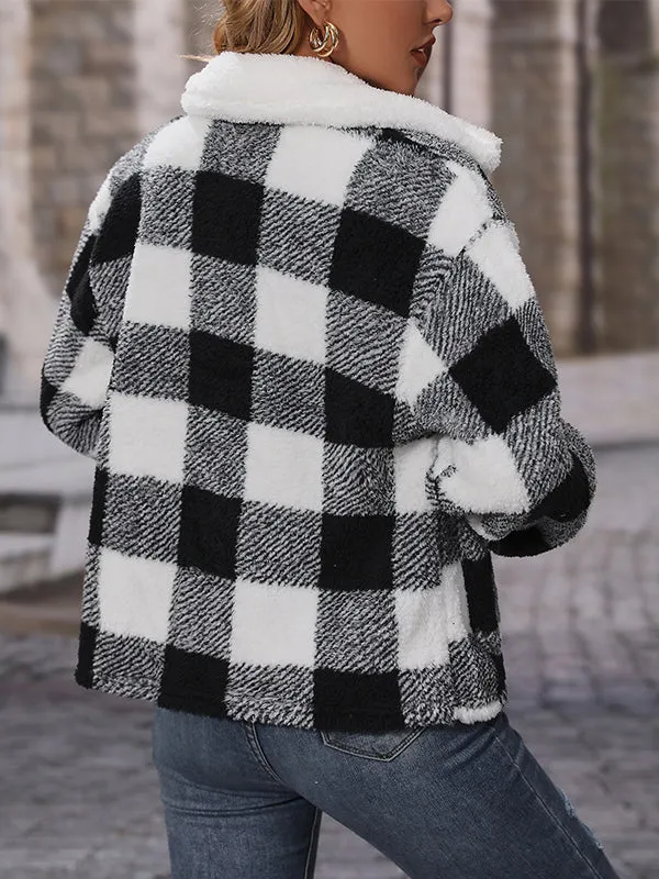 Long Sleeve Lapel Zipper Plaid Double Face Fleece Jacket