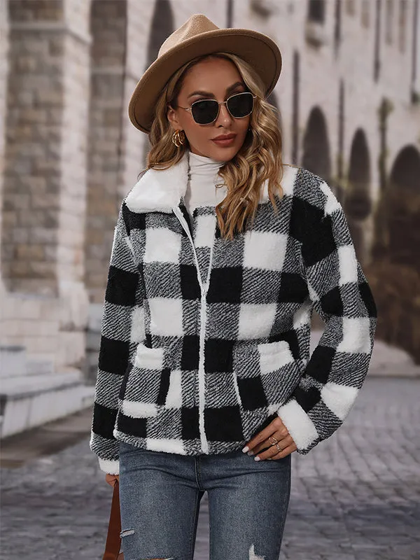 Long Sleeve Lapel Zipper Plaid Double Face Fleece Jacket
