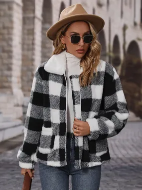 Long Sleeve Lapel Zipper Plaid Double Face Fleece Jacket