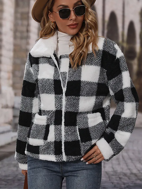 Long Sleeve Lapel Zipper Plaid Double Face Fleece Jacket