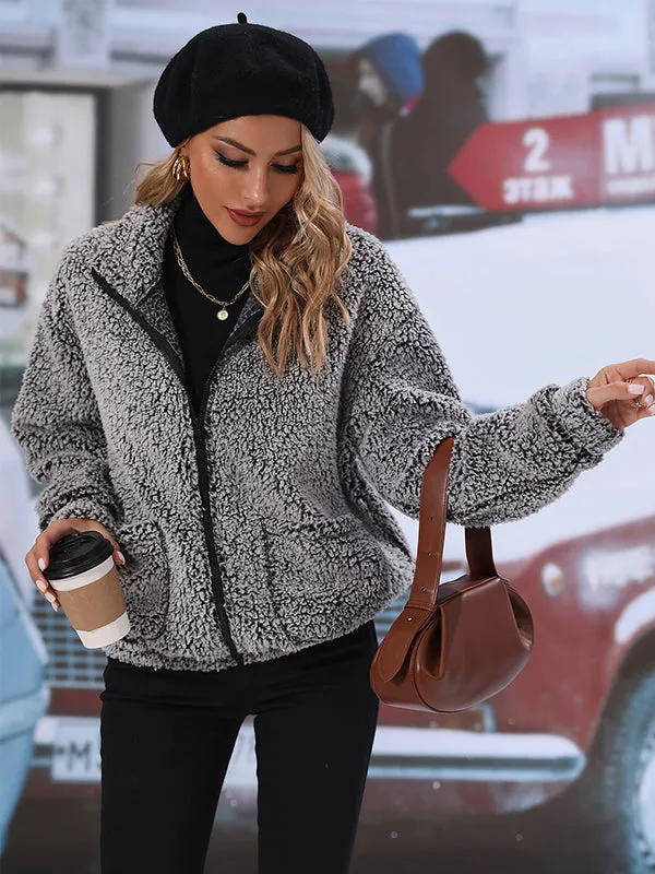 Long Sleeve Lapel Zippered Fleece Jacket