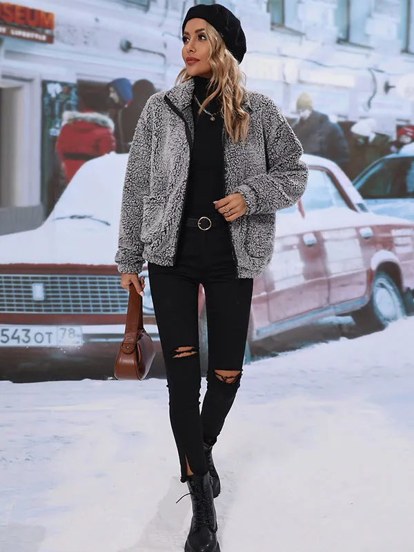 Long Sleeve Lapel Zippered Fleece Jacket