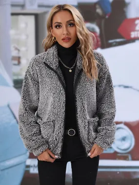 Long Sleeve Lapel Zippered Fleece Jacket