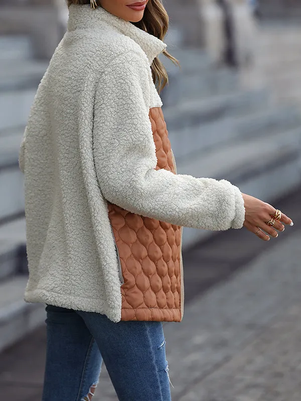 Long-Sleeved Loose Round Neck Stitching Zipper Double-Faced Fleece Jacket