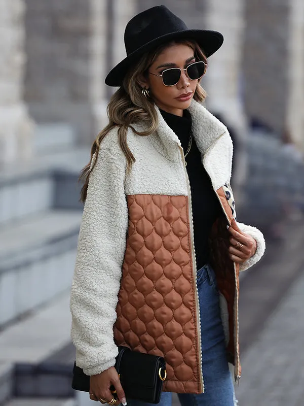 Long-Sleeved Loose Round Neck Stitching Zipper Double-Faced Fleece Jacket