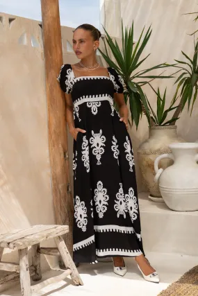 Luna Black Abstract Puff Sleeve Maxi Dress