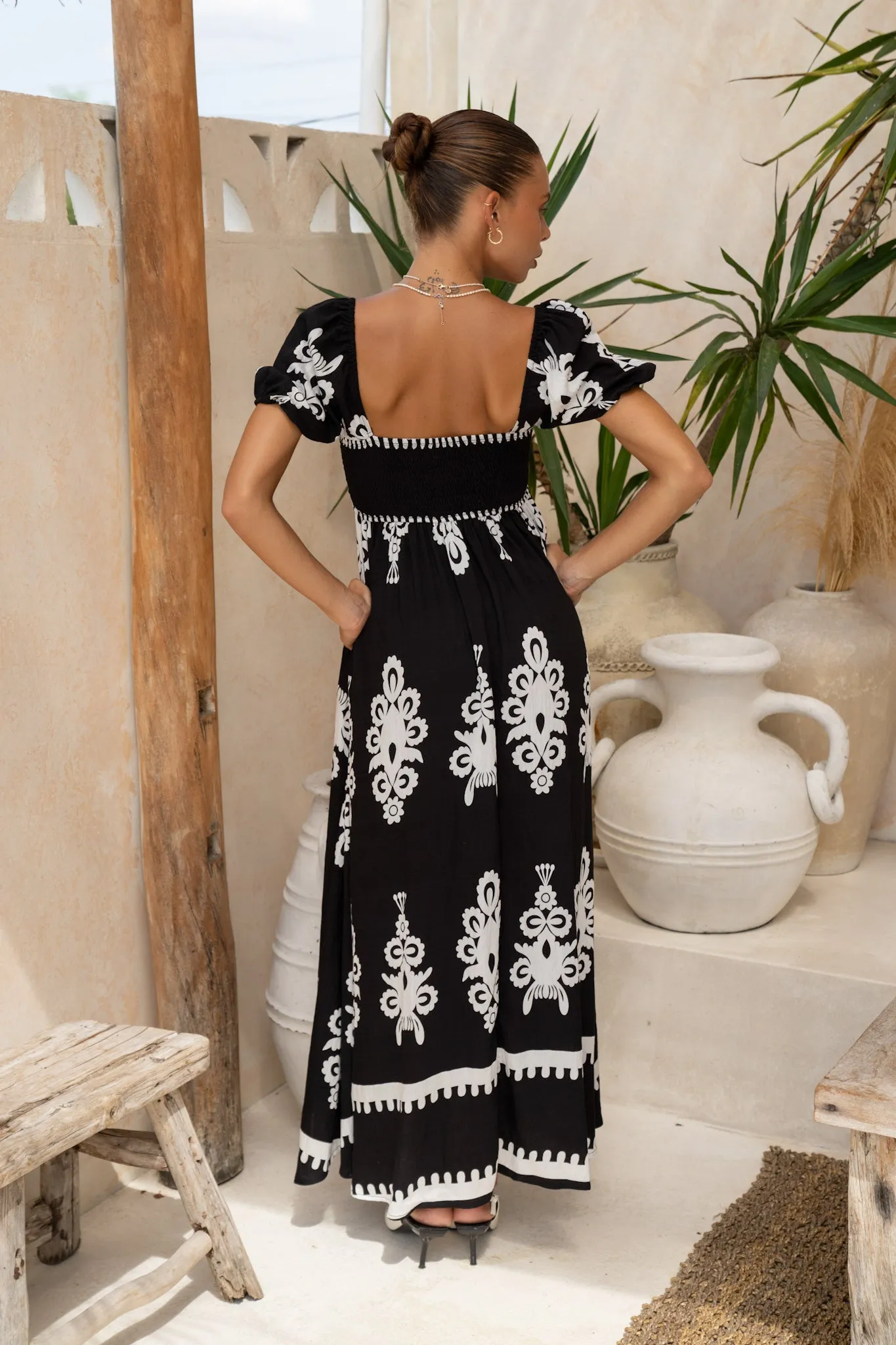 Luna Black Abstract Puff Sleeve Maxi Dress